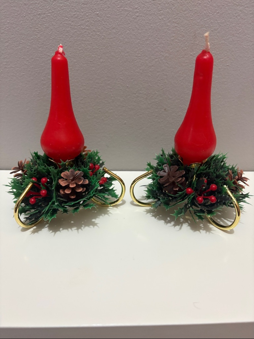VINTAGE Pair of Red Holiday Candle Holders with Candles